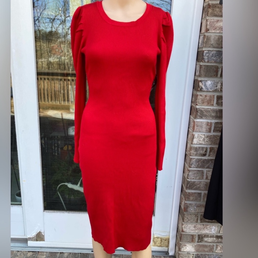 Blush Red Ribbed Long Sleeve Midi Dress – Soft, Feminine & Flattering